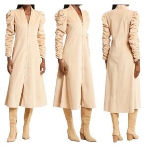 ByTiMo NWT Ruched Long Sleeve Stretch Cotton Corduroy Midi Dress Sand Size M